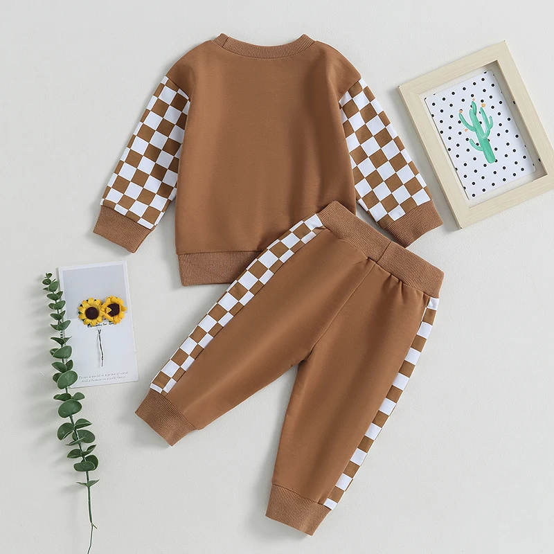 Autumn Baby Boys Outfits Newborn Clothes Checkerboard Print Long Sleeve Sweatshirt Tops Drawstring Pants Set Infant Soft Suits