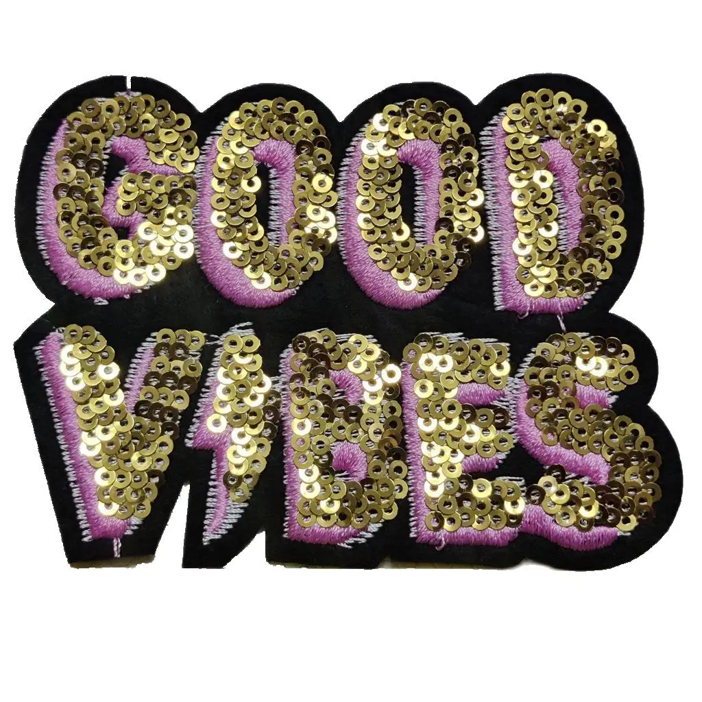 GOLD SEQUINED GOOD VIBES Clothes PATCHES Applique BADGES For Jackets DIY Badge Sewing Accessory 3D LETTER GOODVIBES