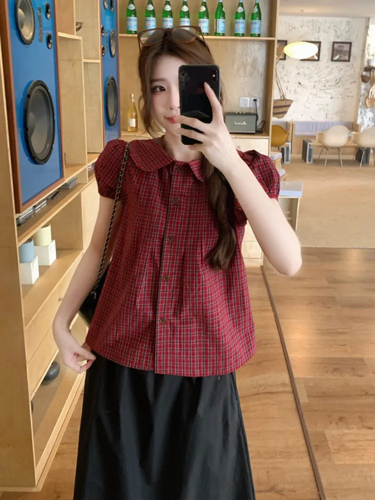 

Sweet Preppy Plaid Shirt And Skirt Set plus Size Bubble Sleeve High Waist Casual Style Summer Fashion Women's Ensemble