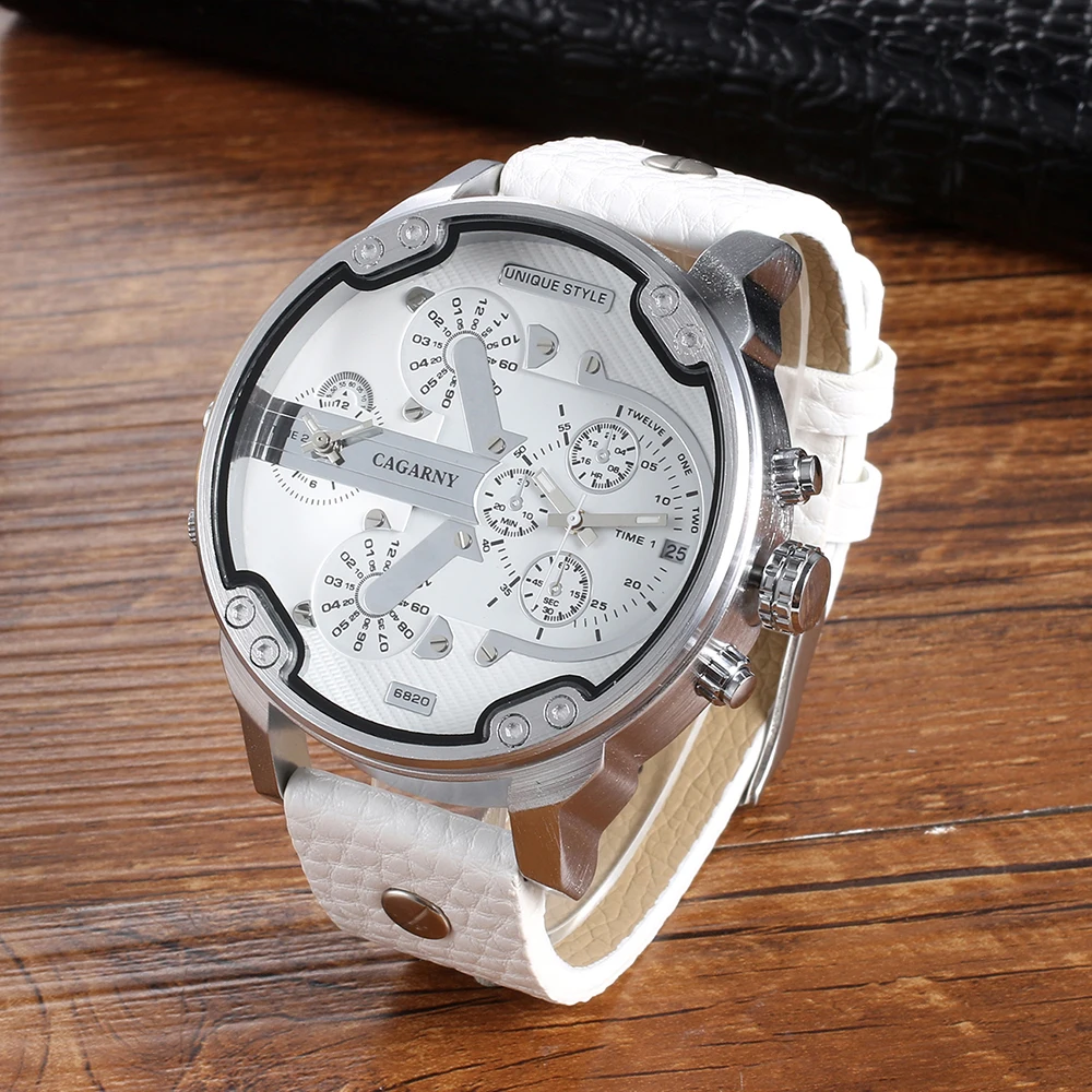 Dual Time Display Sport Men's Watches Cagarny Brand Luxury Big Dial Quartz White Wristwatch Belt Boys Gifts Relogio Masculino