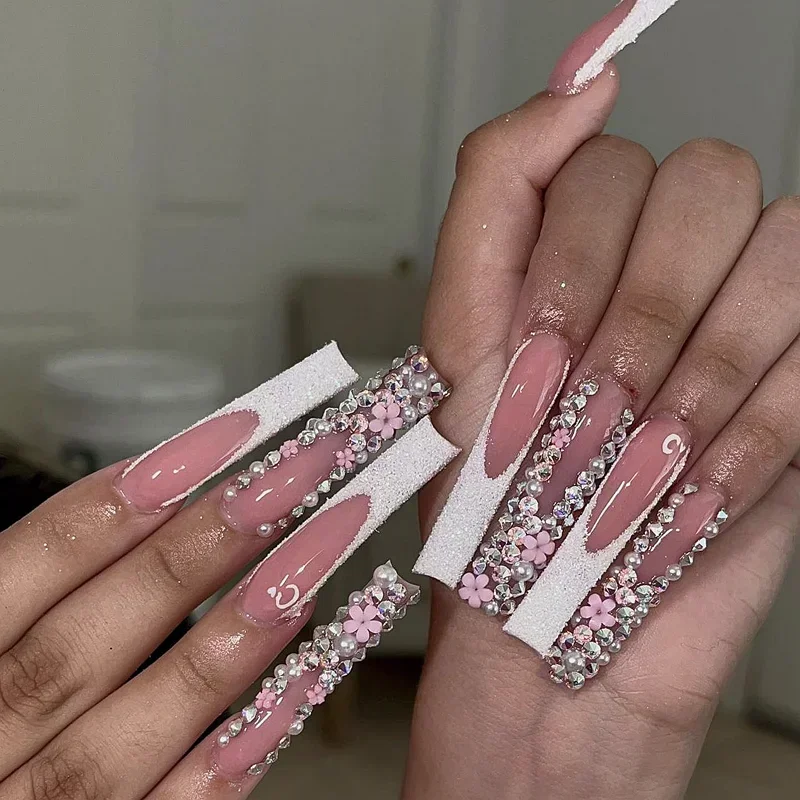 10PCS Handmade 3XL Extra Long Press On Nails Frech Style Glittery Rhinestone Flower False Nail  Thick Reusable Acrylic Fake Nail