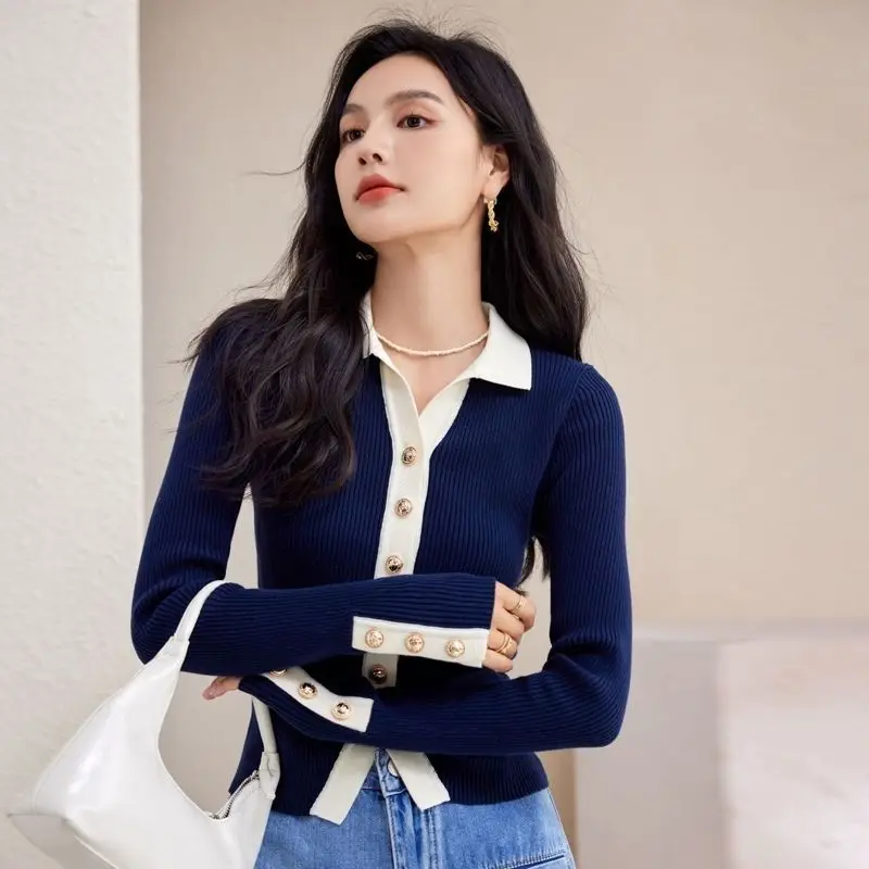 Autumn Woman's Clothes Knitwear Well-designed Niche Slim Fit Color Collision Turn-down Collar Niche Temperament Trend Inner Chic