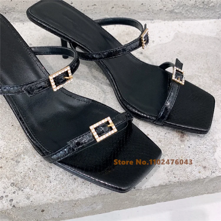 Designer Brand Women Crystal Buckle Slippers Female Square Toe Thin High Heels Open Toe Slides Black Sandals Mujer Shoes