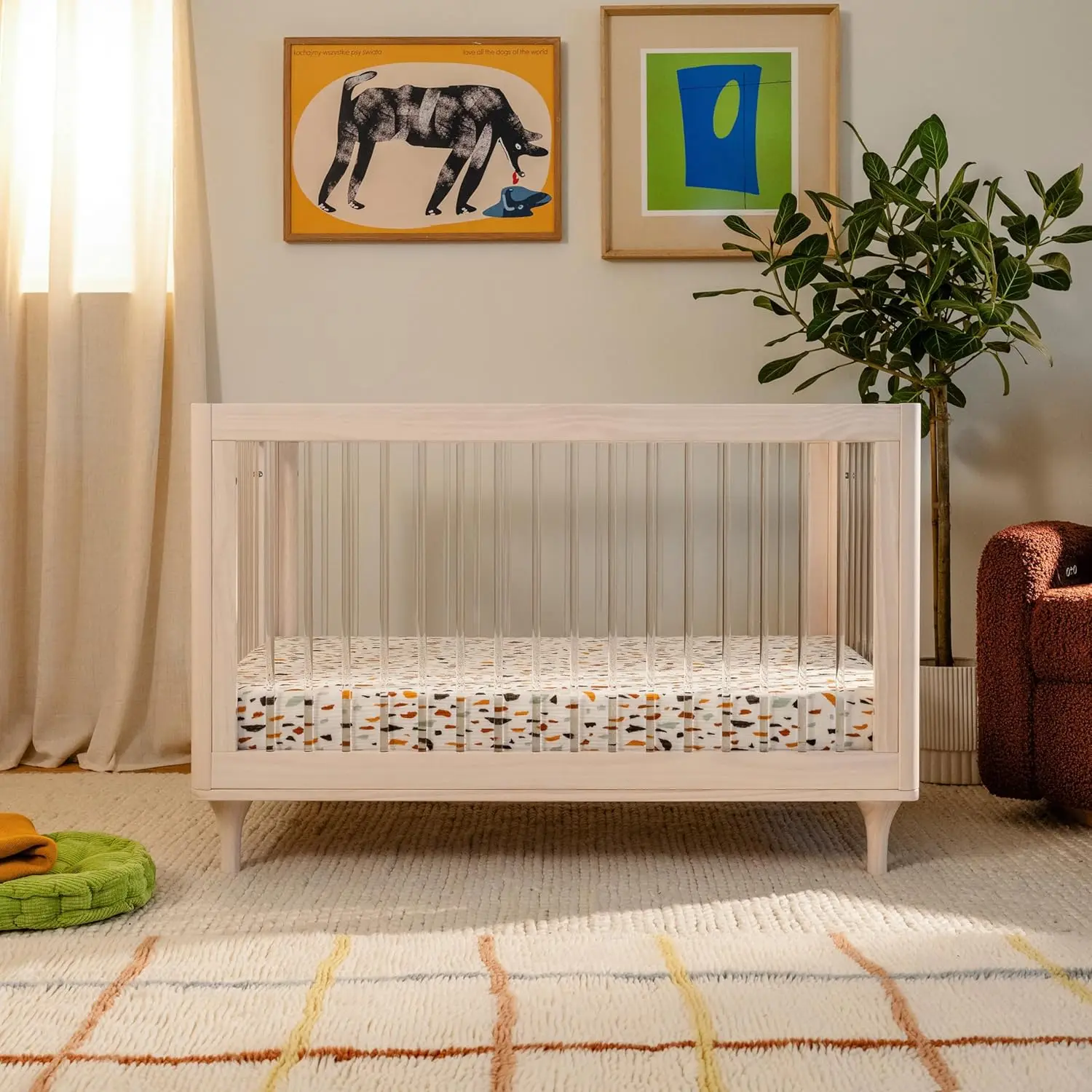 Lolly 3-in-1 Convertible Crib with Toddler Bed Conversion Kit in Washed Natural/Acrylic, Greenguard Gold Certified