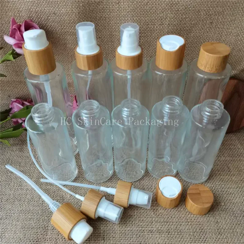 Sprzedaż Domowa Szklana Butelka na Wodę Bambusowa Zakrętka Wielokrotnego Użytku Makijaż Kosmetyki Toniki do Twarzy Opakowania Szampon Balsam Przezroczysty Pojemnik