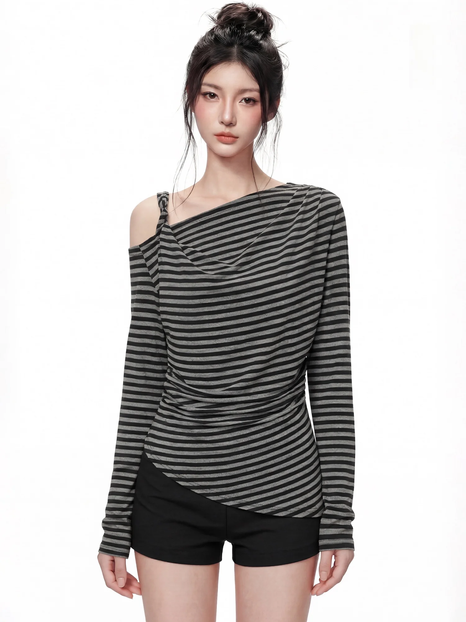 

Ретро-футболка в полоску с асимметричным плечом, женская повседневная блузка с длинным рукавом, дизайнерская, стройнящая, универсальная, свободного кроя