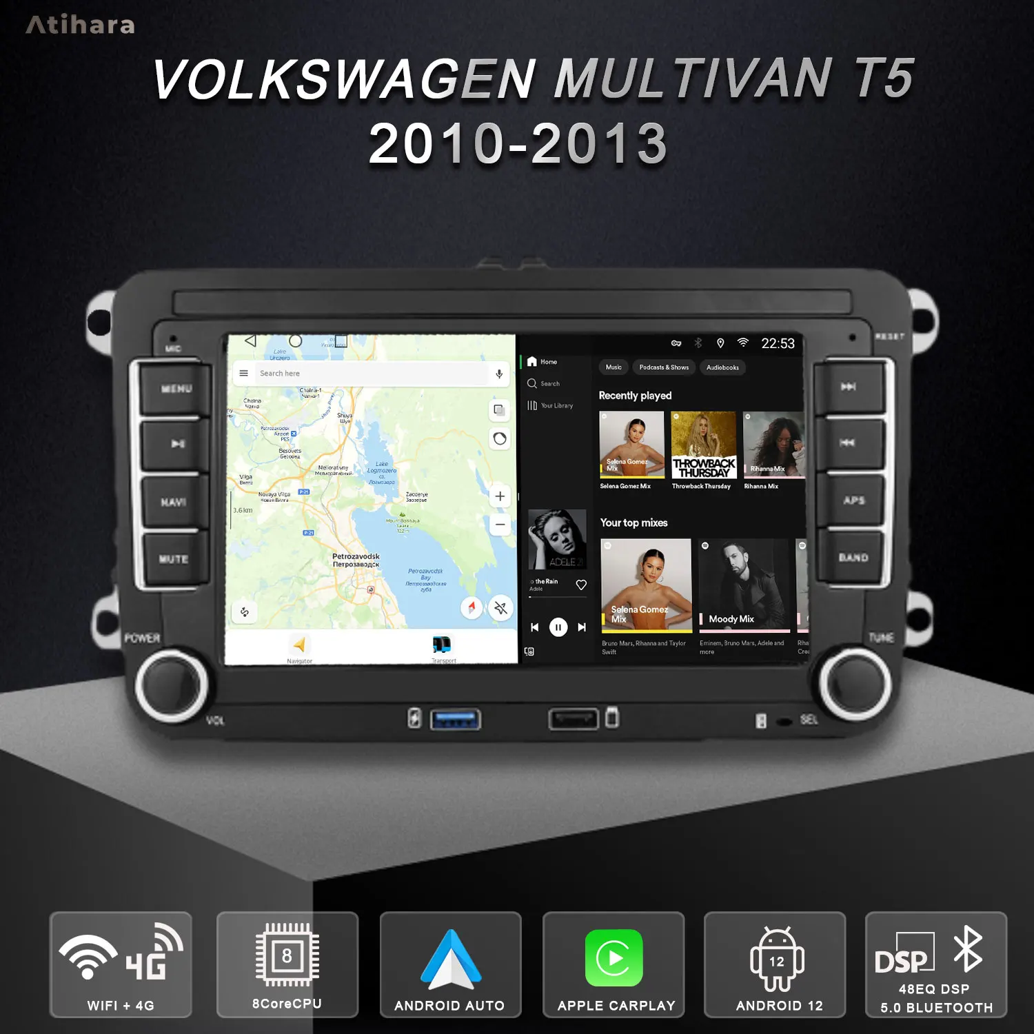 

Atihara 7" Android Carplay Auto For Volkswagen Multivan T5 2010-2013, WIFI+4G HD Multimedia Video Player AM/FM RDS DSP BT Stereo