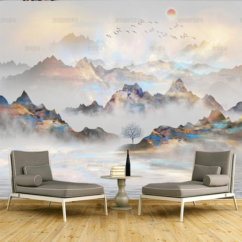 custom 3d Contracted new Chinese style wallpaper golden landscape painting mural modern sitting room TV background bedroom 8d