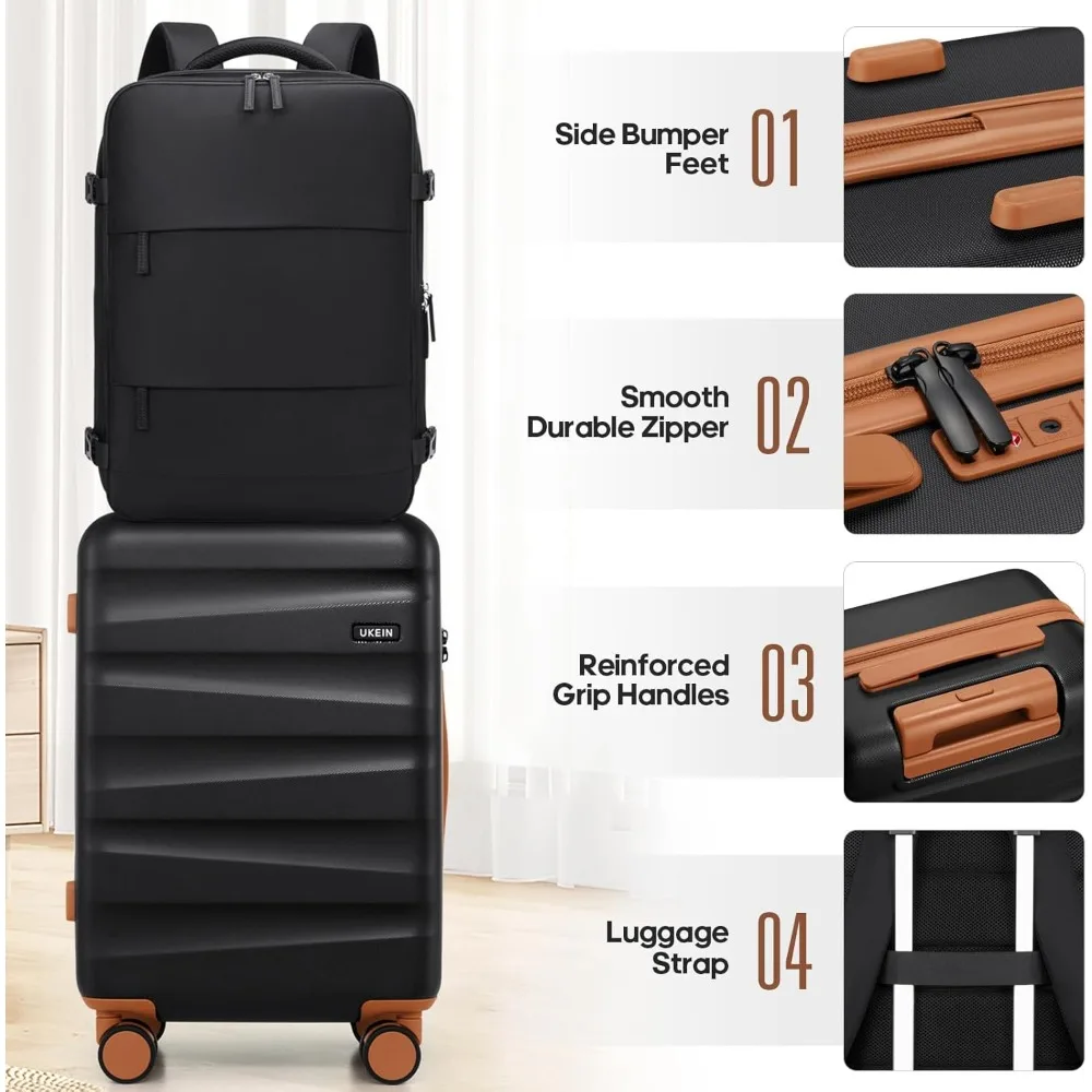 Juego de equipaje giratorio de carcasa dura de policarbonato con bolso de mano y mochila, maleta de viaje aprobada por aerolínea para durabilidad y conversación