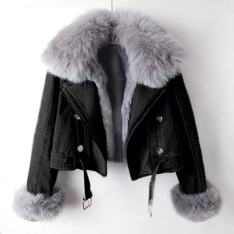AW New Women Faux Fox Fur Collar Jean Coat Winter Jacket Female Short Warm Parkas Rabbit Hair Lining Outwear Fashion Overcoat view 5