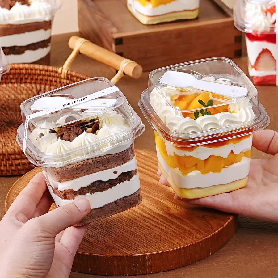 50/100pcs PET Transparent Square Dessert Boxes with LIDS and Spoons, Suitable for Cakes, Mousse, Fruits, Ice Cream, Yogurt, Etc