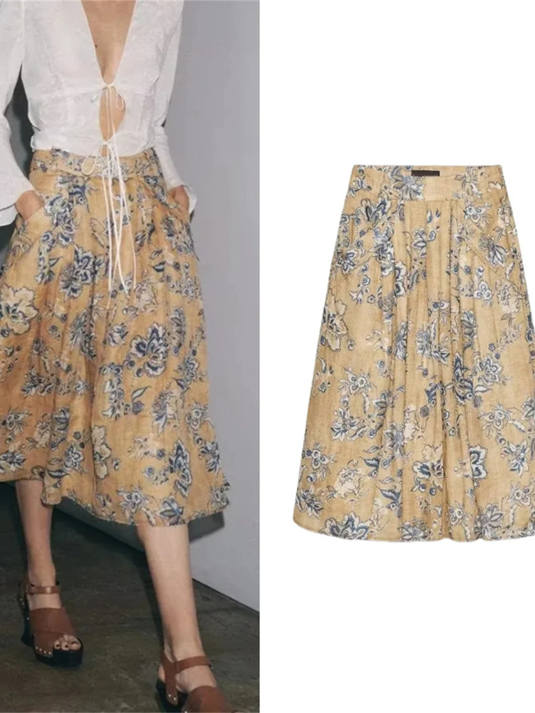 

Конопляная юбка с высокой талией и цветочным принтом, универсальная модная новая женская юбка-миди премиум-класса для повседневных поездок на работу