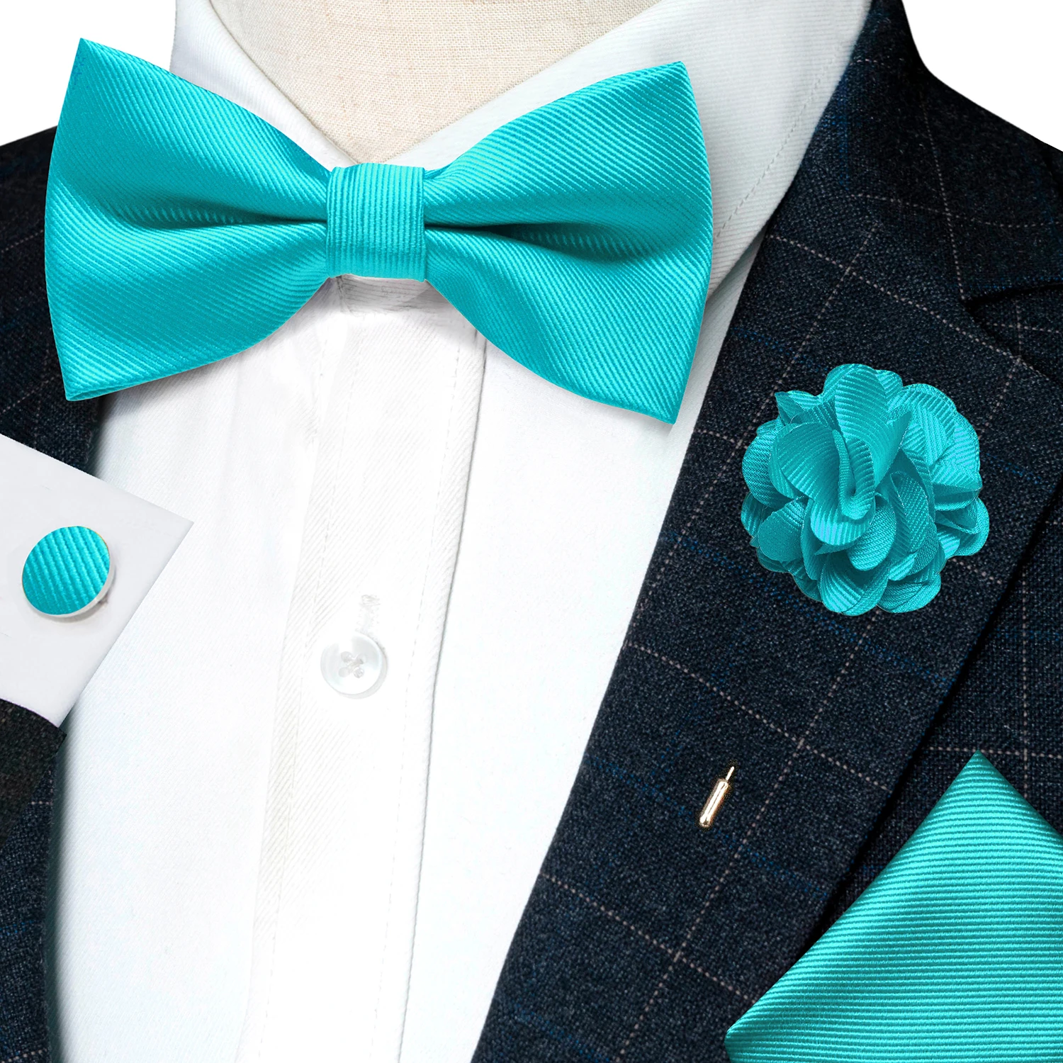 Hochzeits-Fliege für Herren, einfarbig rosa, vorgebundene Fliege, Einstecktuch, Manschettenknöpfe, Corsage-Set, Party, Business, Seiden-Schmetterlingsknoten, Geschenk – Detail 3