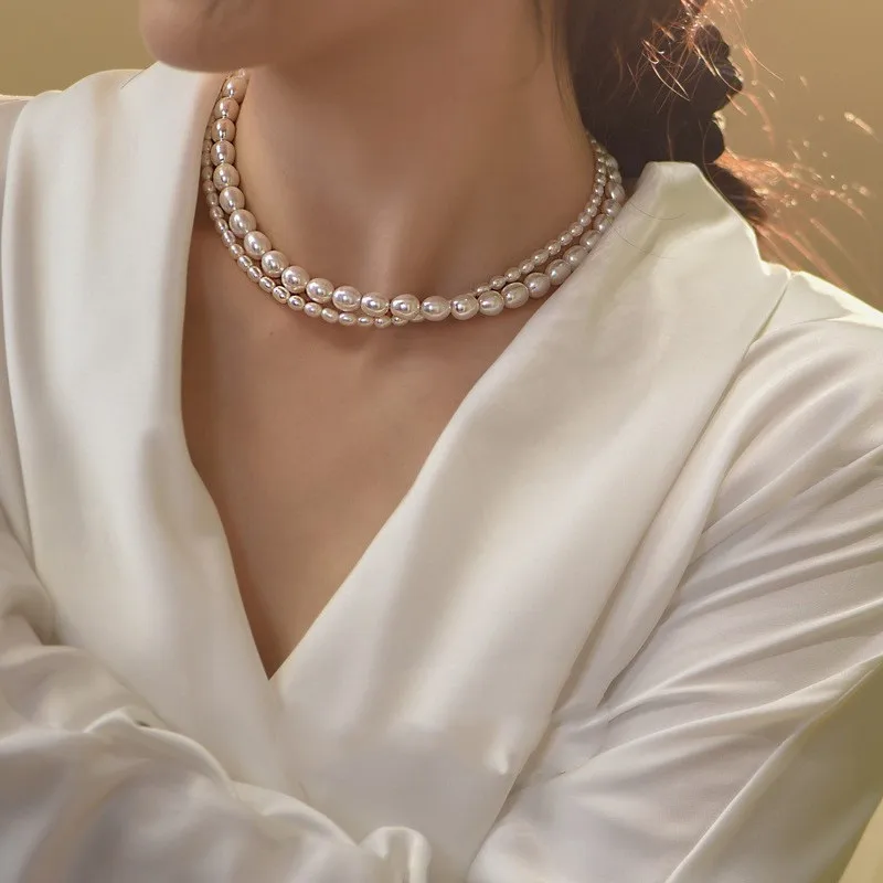 2023 New Arrival Natural Freshwater Pearl Trendy Double Layered Chains Choker Necklace Jewelry For Women Mother\'s Day Gifts