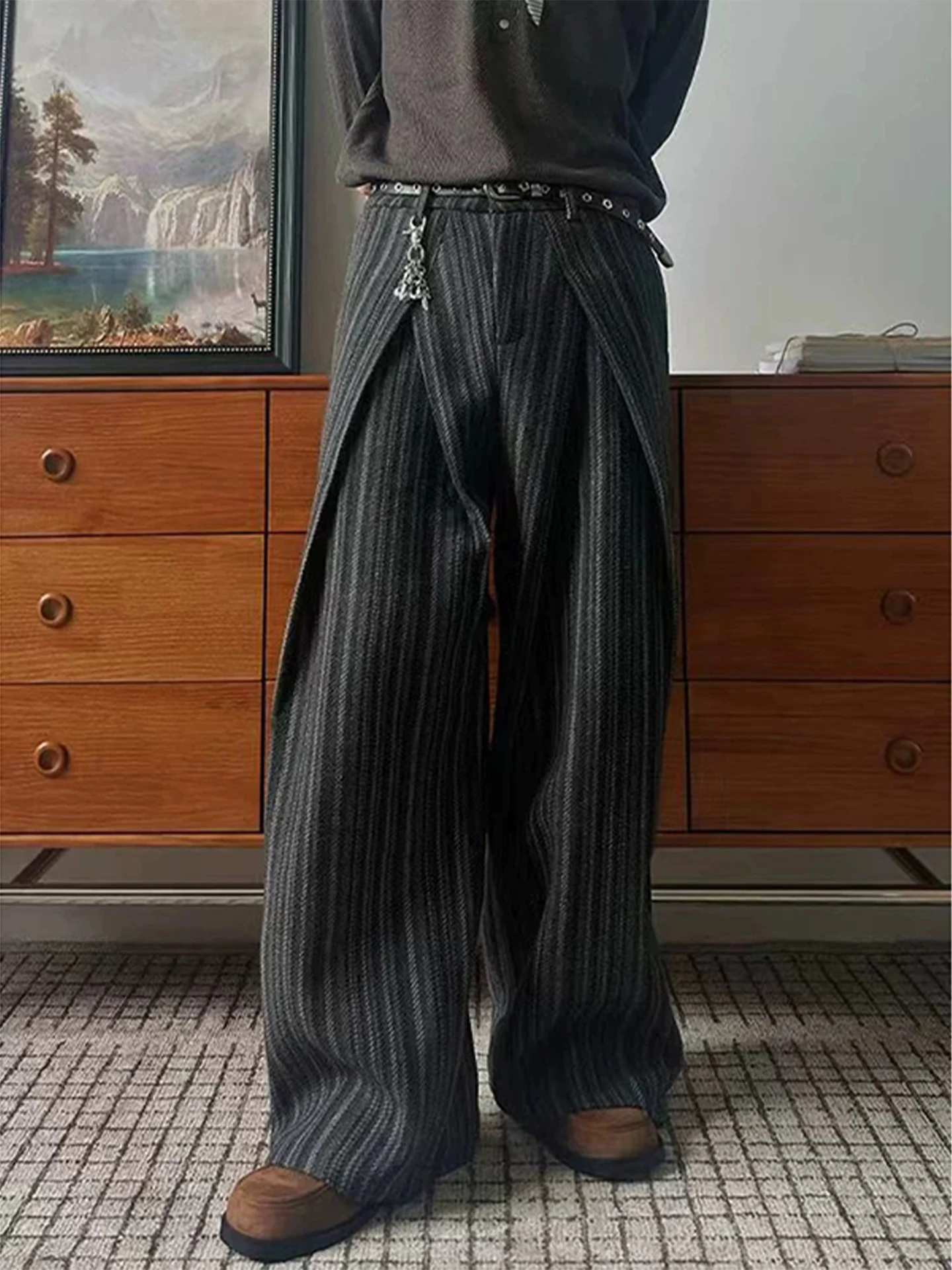 

Casual Men's Plaid Woolen Felt Wide Leg Pants Autumn Draped Leisure Trousers Comfortable Soft Straight Cut Loose Fit Trousers