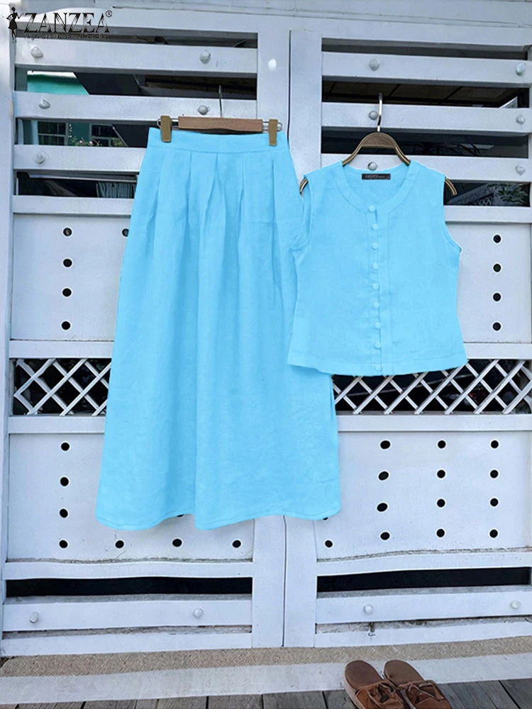 

ZANZEA 2025 Summer Casual 2 Pieces Sets Vacation Sleeveless Tops Pleated A-line Long Skirts 2pcs Outfits Day Wear Skirt Sets