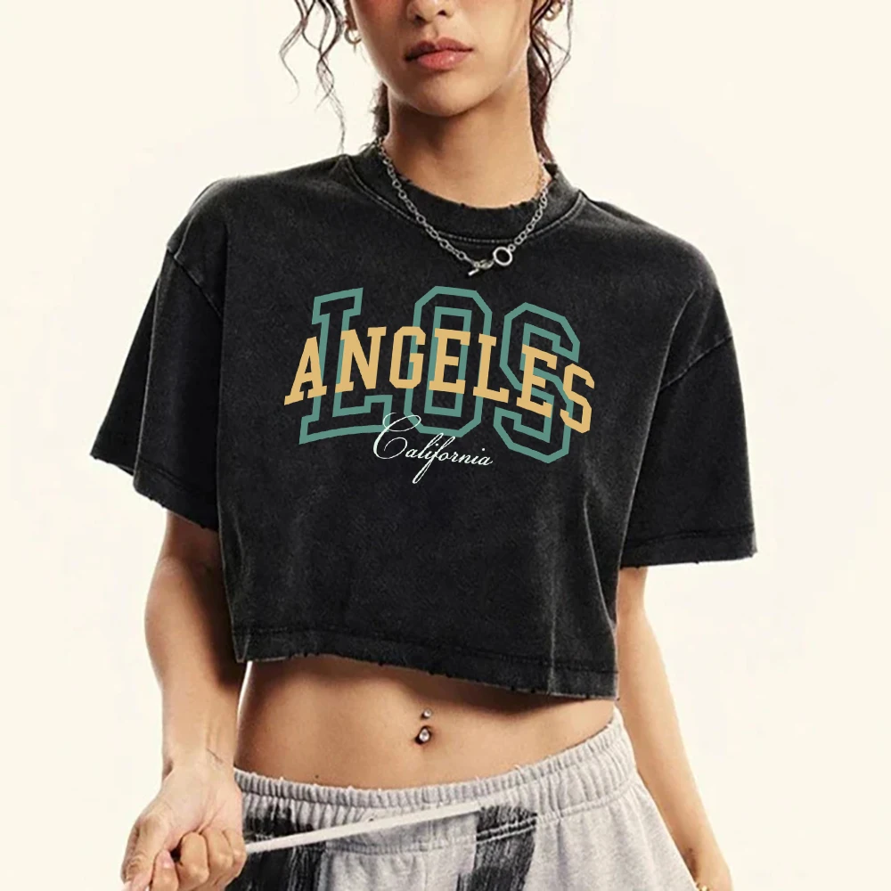 Los Angeles California Art Letter Printing Womens Washed T Shirt Fashion Cotton T-Shirt Crop Casual Short Sleeve Slim Clothes