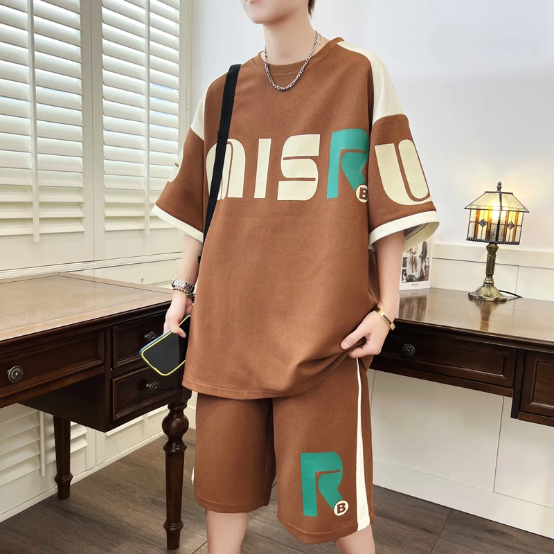 Cargo Pants Short Suit Male Summer Solid Color Loose Tshirts and Shorts 2 Piece Set Japanese Style Outdoor Casual Tracksuit Men