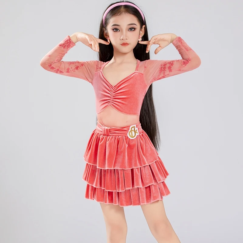 

Girls Latin Dance Velvet New Long Sleeves Dress Split Suit Kids Cha Cha Rumba Dance Competition Clothing Practice Wear