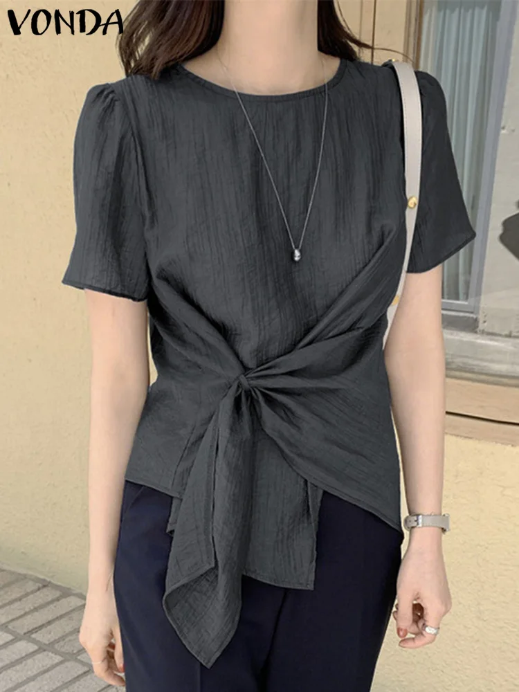 VONDA Women Blouses 2025 Summer Tops Fashion Short Sleeve Solid Pleated Shirts Casual Loose Round Neck Sweet Korean Blusas Femme