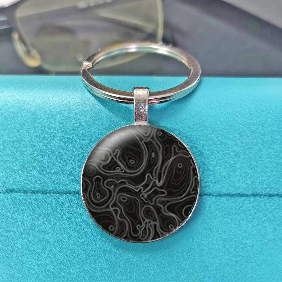 Monochrome Black Base White Line Abstract Modern Art Gloss Dome Circular Ornament Keyring Personalized Pocket Decor Charm ﻿