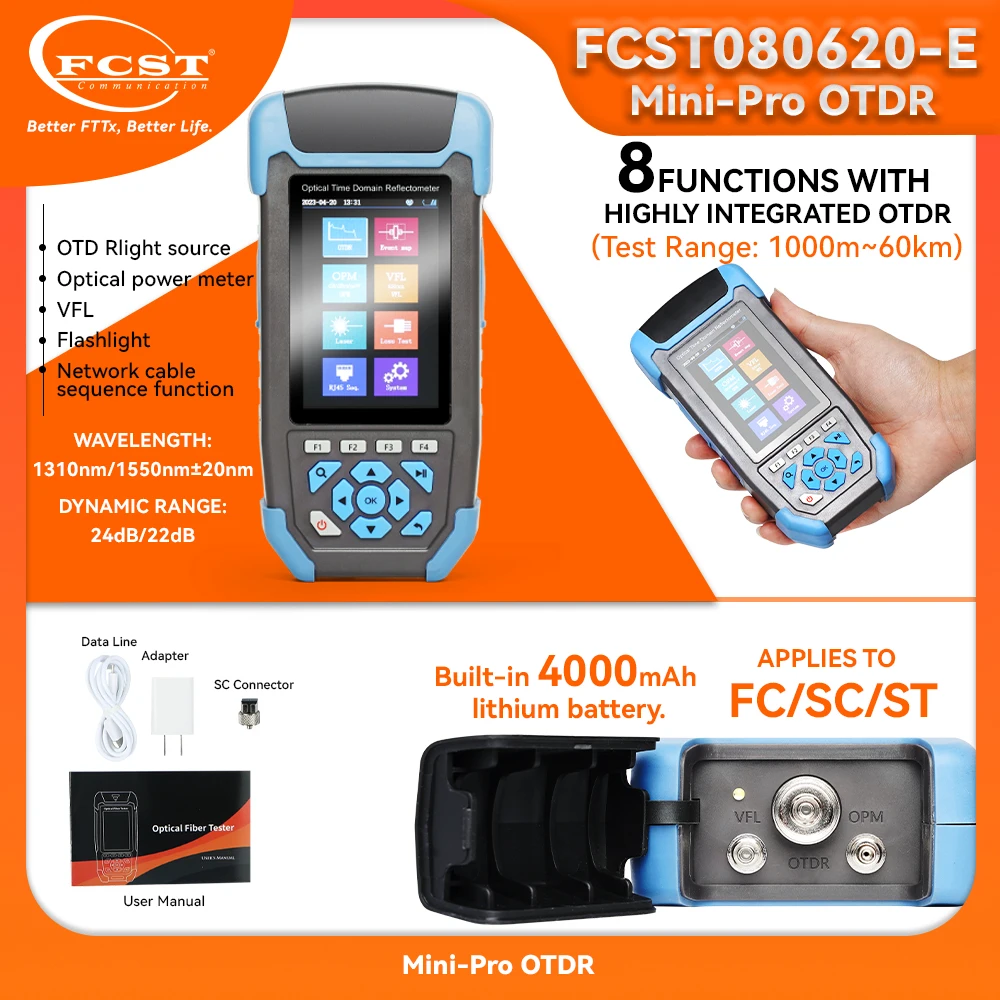 FCST080620-E G652 SM Fiber 24dB 22dB Handheld Mini-pro Fiber Optic Equipment OTDR Machine With OPM VFL Function