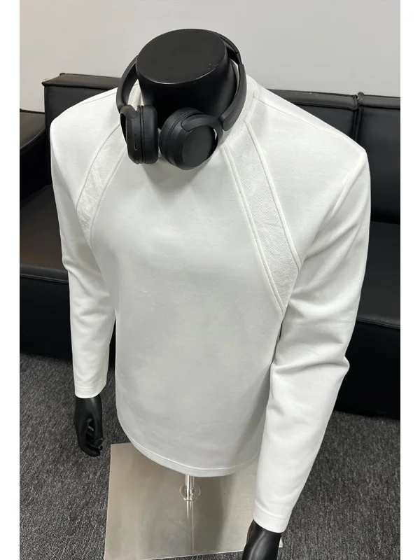 T shirt men 2026 solid color patchwork cotton long-sleeved T-shirt Spring autumn round-neck hoodie top men's clothing