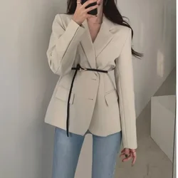 Blazer elegante con solapa para mujer, Chaqueta de traje con cinturón de cintura delgada, un solo pecho elegantes de prendas de vestir, abrigo informal, moda de primavera y otoño