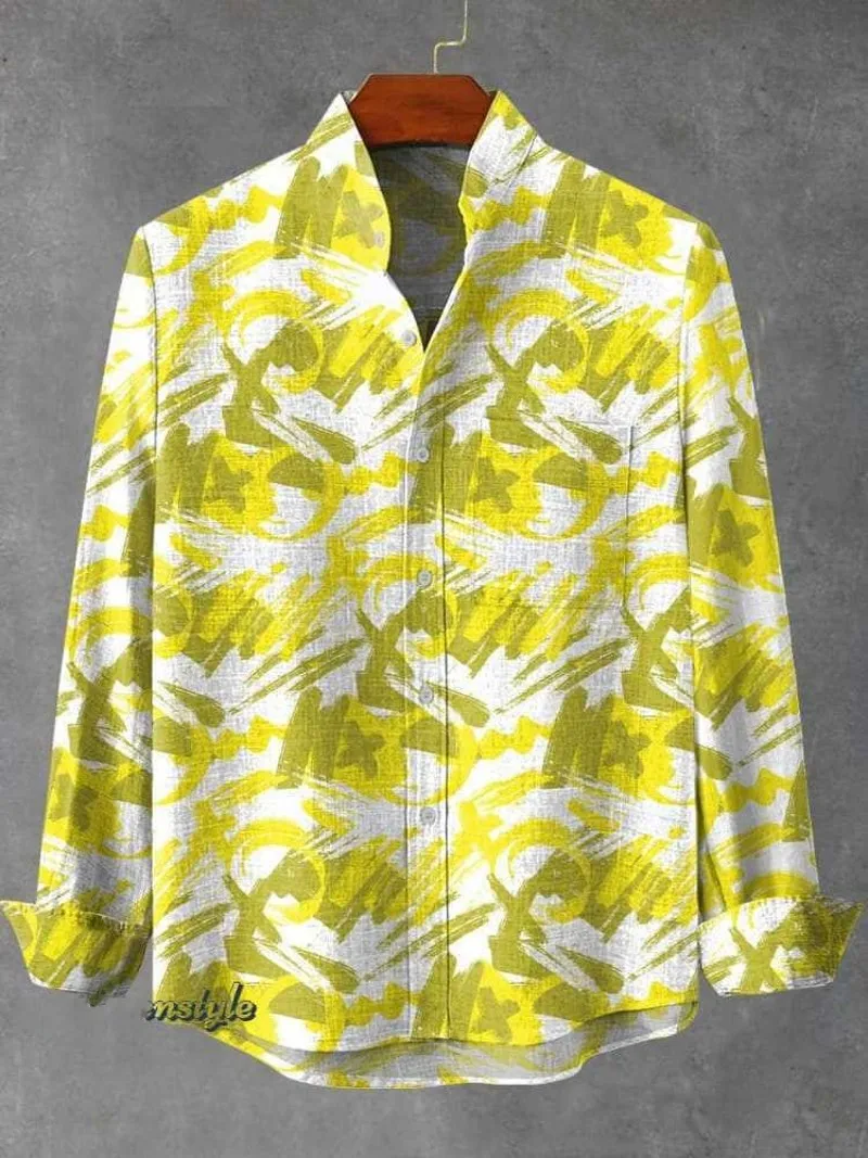 Gentleman Style men's Fashionable Standing Collar With Spring And Autumn Checkered Pattern Linen Long Sleeved Shirt Elegant Top