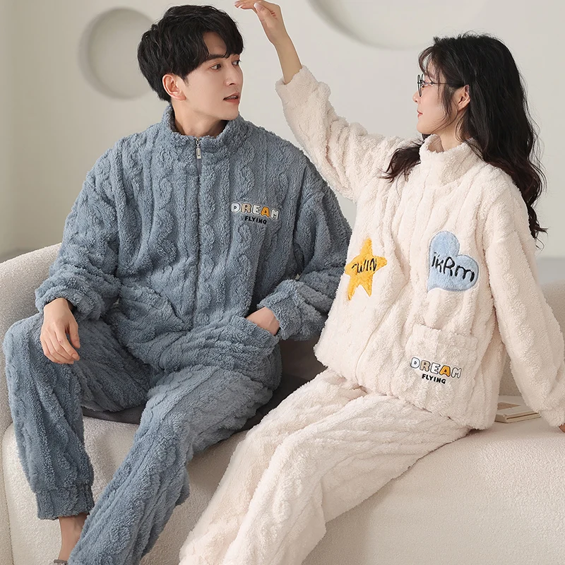 Newest Couple Pajama Set Winter Women and Men Zipper Sleepwear Thick Warm Flannel Pyjamas