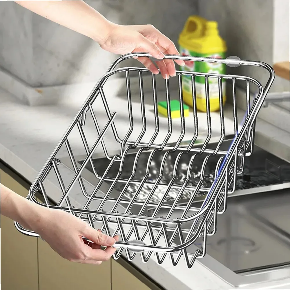 

Non-Slip Stainless Steel Sink Drainer Rack, Telescoping Dish Drying Rack for Kitchen Countertop & Bathroom Organizer