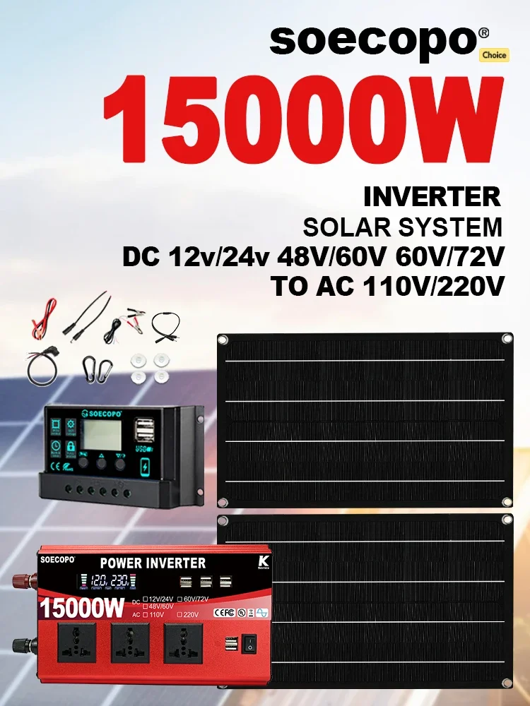 SOECOPO 15000 W Komplettes tragbares Photovoltaik-Kit 2 x 800 W Solarmodule DC 110 V/220 V Wechselrichter 100 A Controller Balkonkraftanlage
