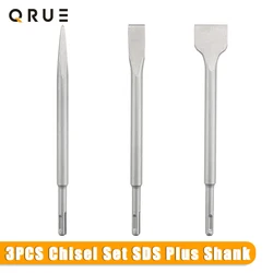 3Pcs Electric Hammer Chisel Set SDS Plus Shank Drill Bit Point Groove Flat Chisel Masonry Tools for Concrete Brick Wall Rock