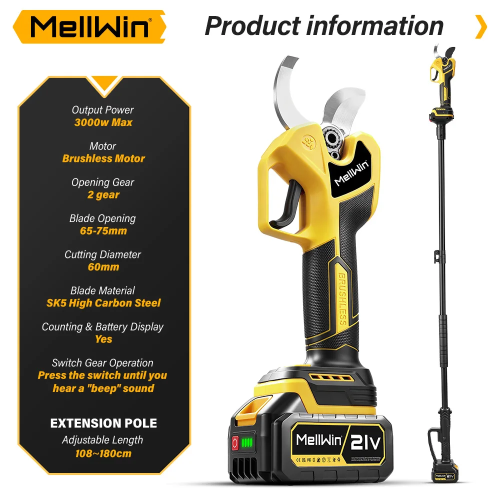 MELLWIN Electric Pruning Scissors 60mm Brushless 2 in 1 with 180cm Telescoping Pole Garden Pole Pruner Tool for Makita 18V Battery Pin - Image 3