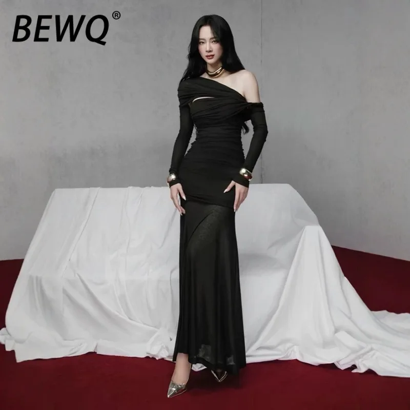 BEWQ-vestido elegante a la moda para mujer, vestido de fiesta de noche ajustado con cuello oblicuo y manga larga de punto, novedad de Otoño de 2025