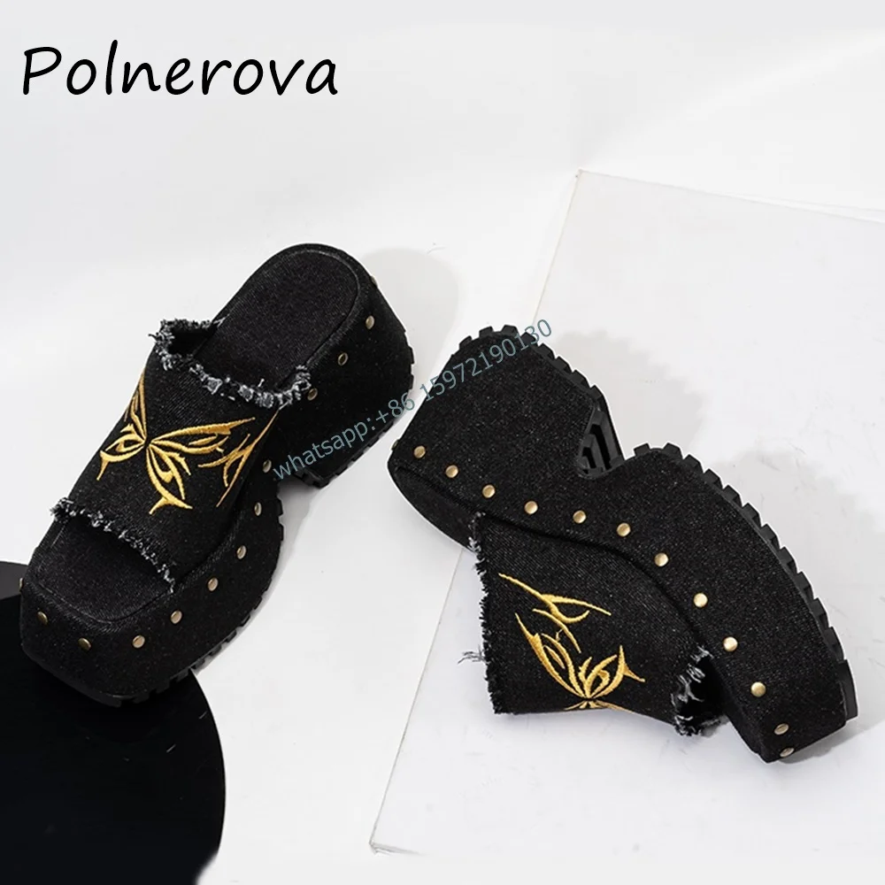 

Butterfly Embroider Rivet Sandals Mixed Color Square Toe Thick Soled Slip On Slingback Shoes Platform Cool Outdoor Slippers