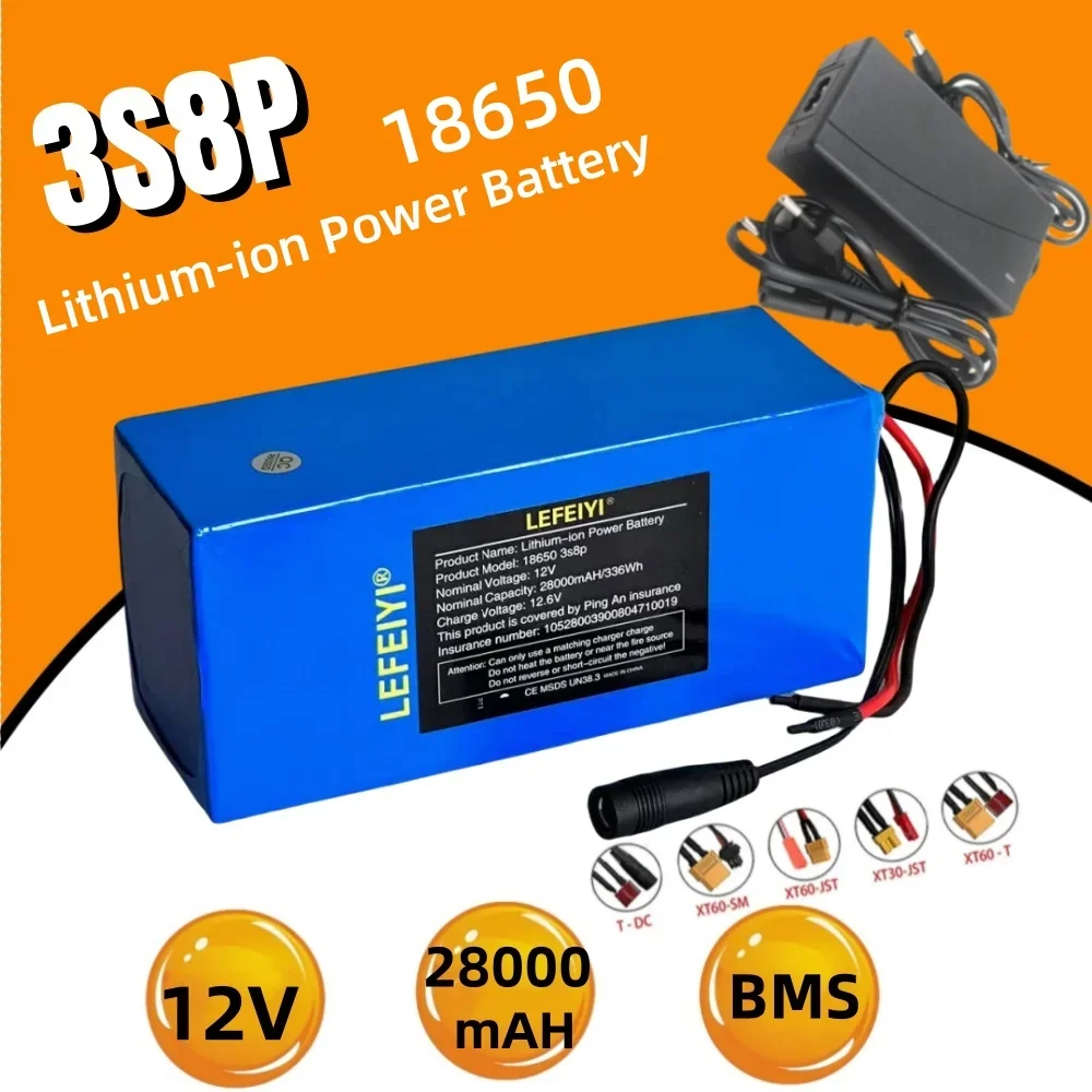 100% True Capacity 3S8P 12V 28000mAh 18650 Rechargeable Lithium Battery with Integrated BMS Circuit Protection Board