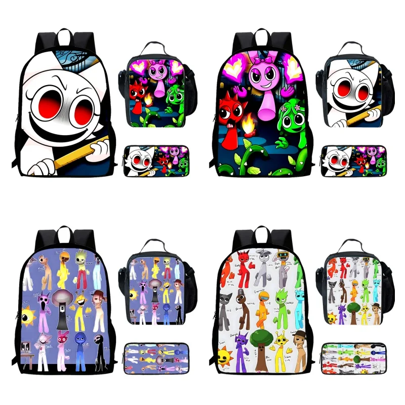 Cartoon Sprunki Child School Backpack With Lunch Bags Pencil Bags For Kindergarten,Light Weight School Bags For Boys Girls