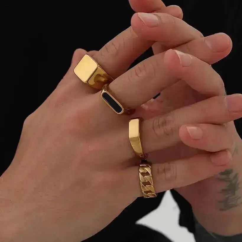 SHIXIN Punk Rock Smooth Gold Color Square Stainless Steel Finger Ring for Men HipHop Black Oil Chunky Rings Party Street Jewelry