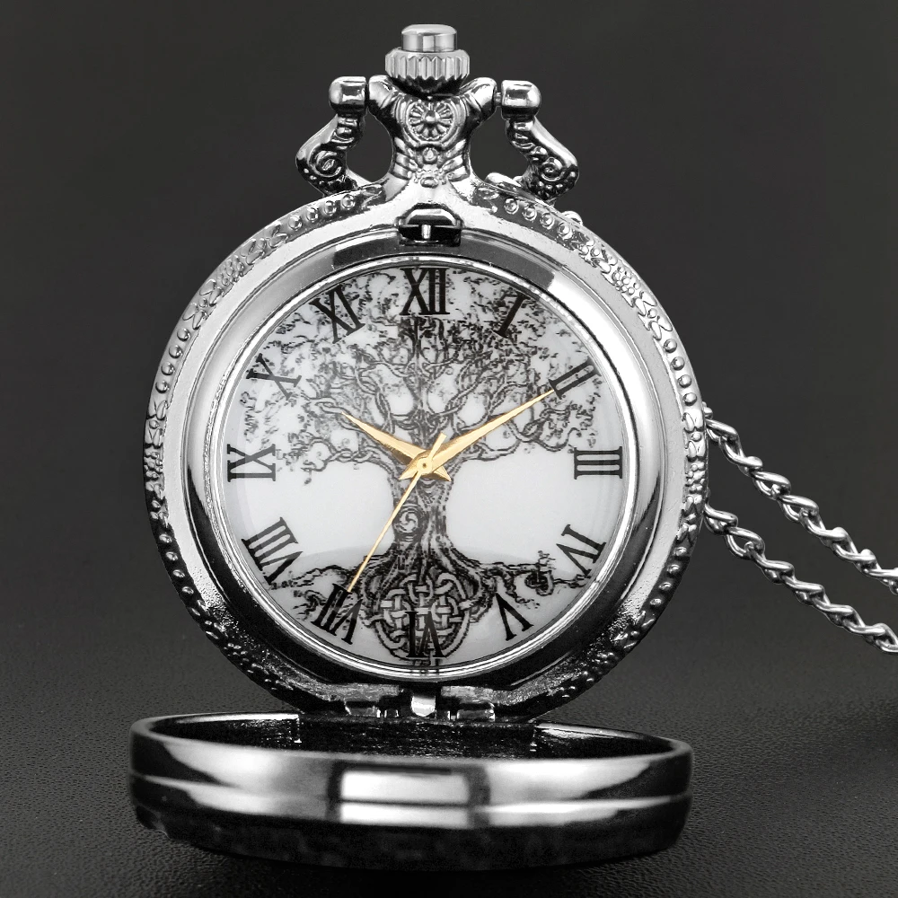 Steampunk Tree of Life Pattern Sketch Ink Painting Dial Pocket Watch All Black Vintage Necklace Chain Quartz Fob Clock Reloj