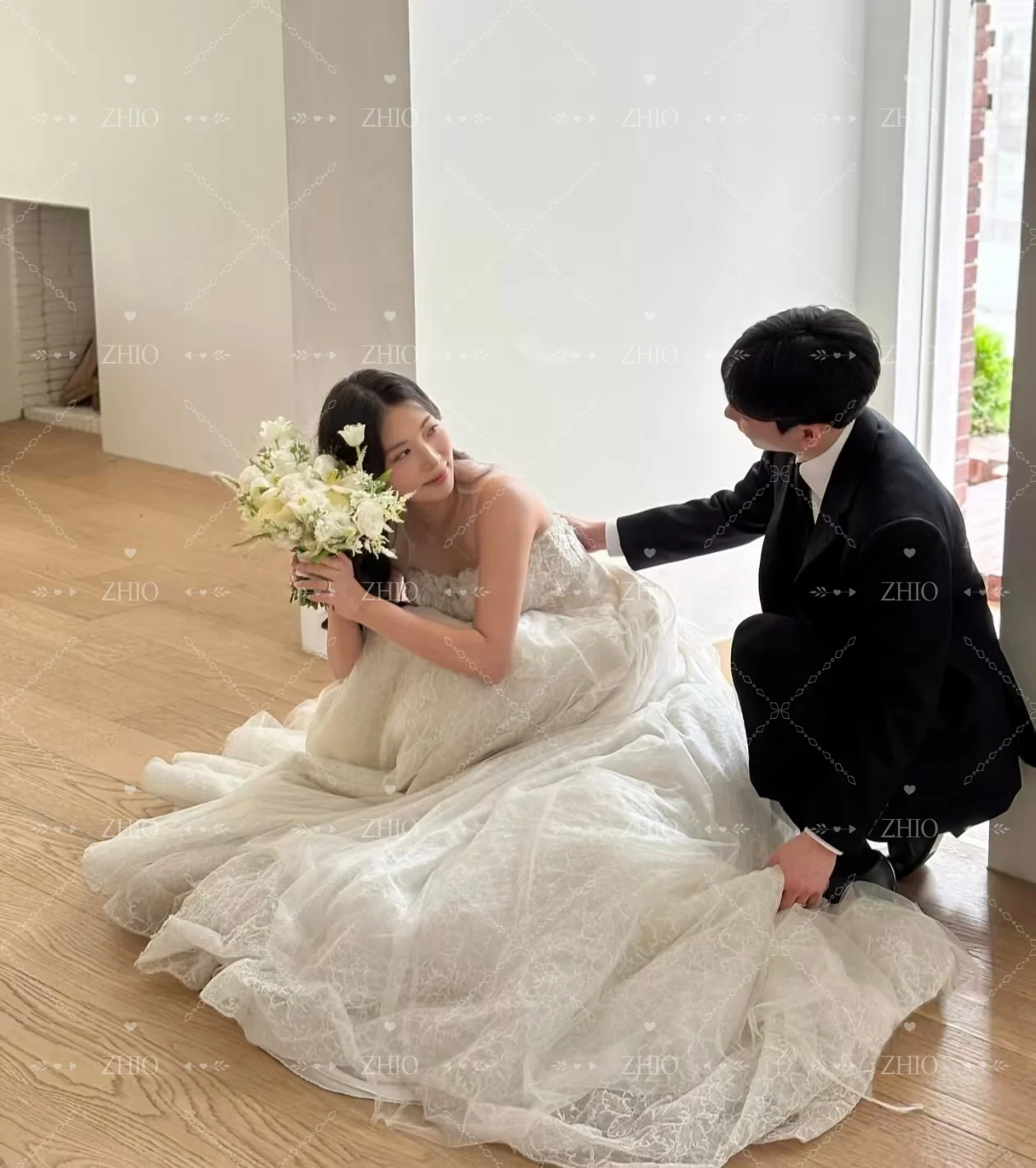 ZHIO Princess Ivory Lace Wedding Dress Off Shoulder Sweep Train Korea Photo Shoot Bridal Reception Gown Custom Luxury 웨딩드레스