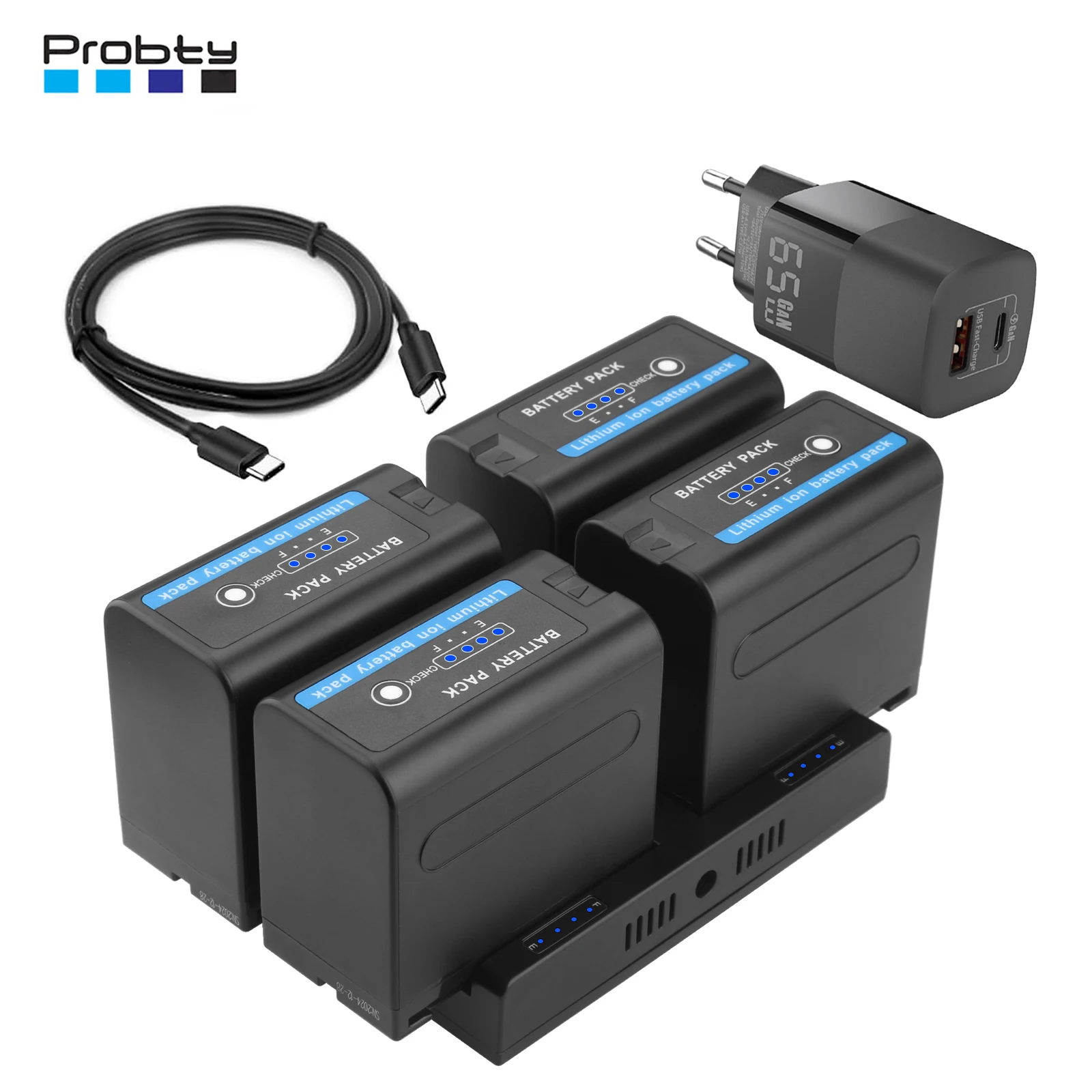 Probty 8800 mAh NP-F970 Akku und 4-Kanal PD60W Schnellladegerät für Sony NP-F550/750/770/970 Akku-Feldmonitor, Videoleuchte