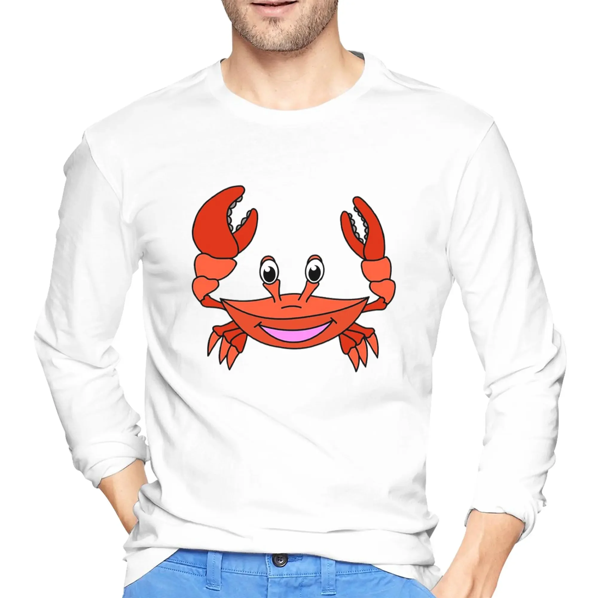 

Мужская футболка с длинными рукавами и милым счастливым крабом, морские животные, модные футболки с круглым вырезом, весенние и осенние мужские топы