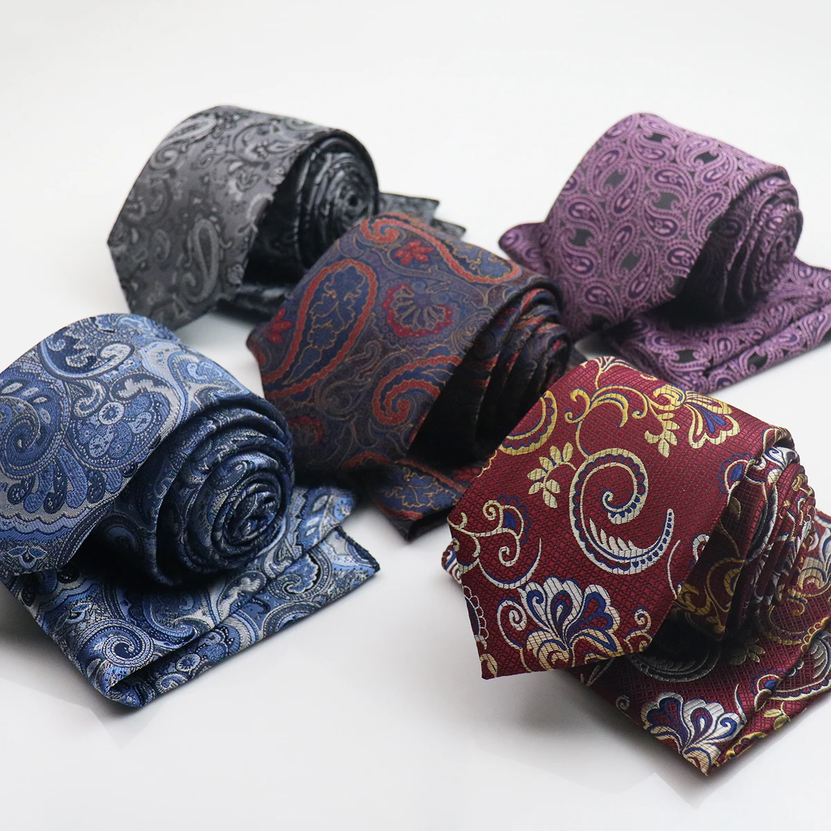 2PCS Neck Tie Set Blue Paisley Polyester Neckties Gray Brown Pocket Square Formal Business Red Handkerchief Wedding Party Cravat