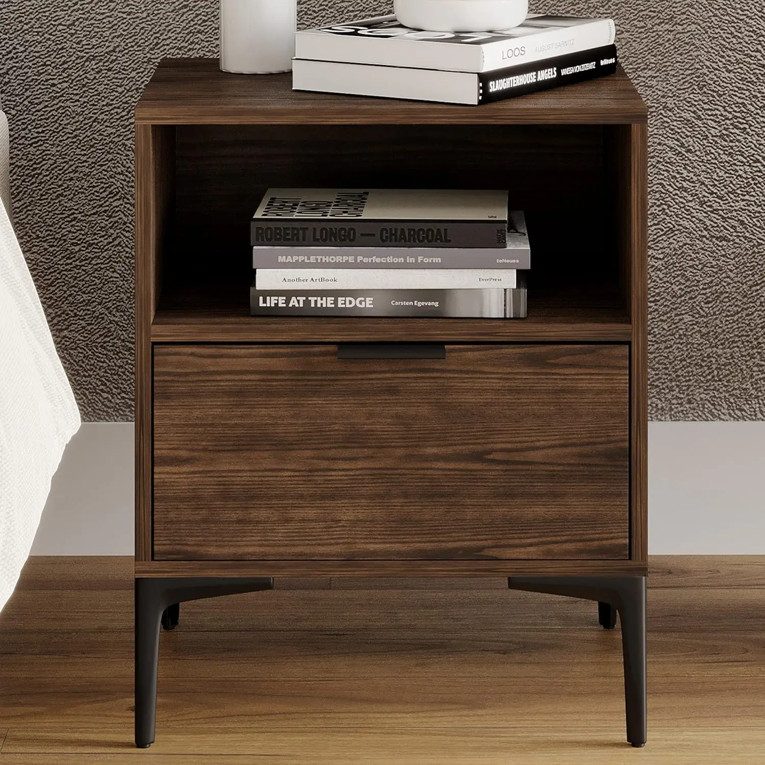 Contemporary Solid Wood Nightstand, Ball Bearing Slides Drawer & Storage - Penny Bronze Walnut&Black Finish - Bedroom Furniture