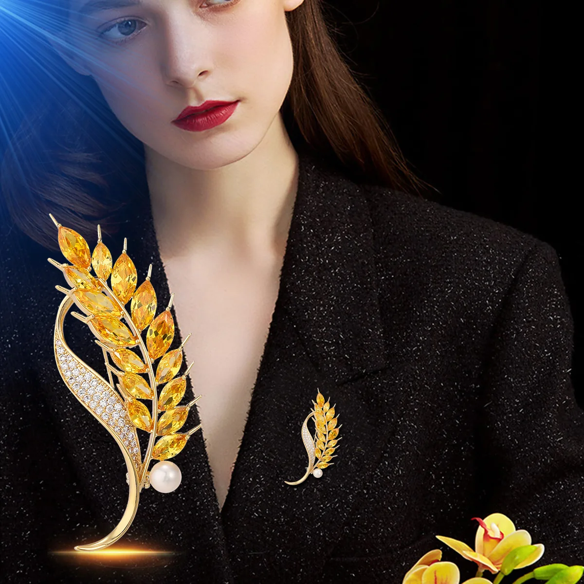 Hanfu Korean Version Of New Micro-Inlaid Zircon Wheat Brooch Clothing Accessories Pearl Copper Gold-Plated Corsage Generation