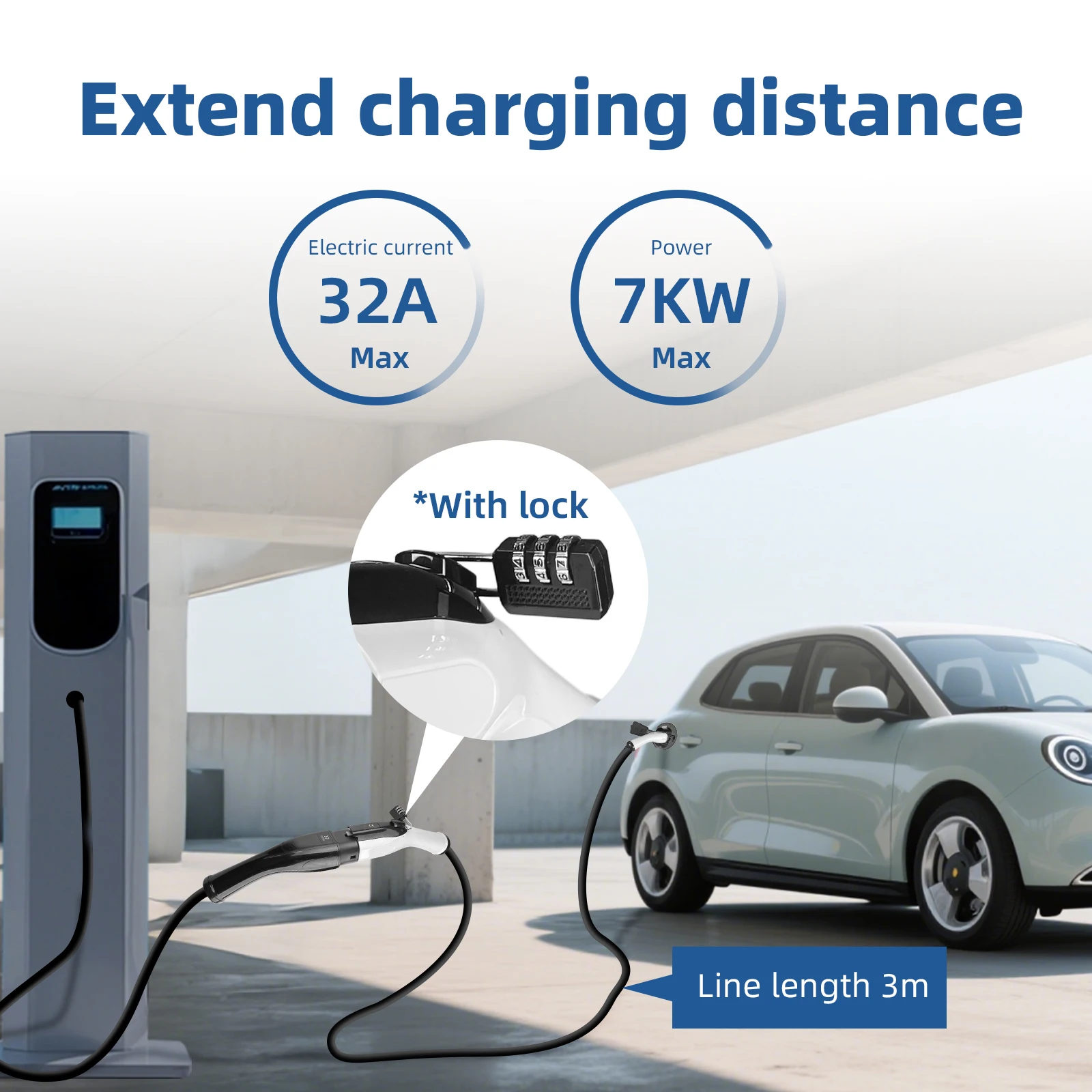 EVqiaoyi Type 2 Extension Cable 7KW with Anti-Theft Lock Male to Female Charging Cord for Type2 EVSE Charging Stations