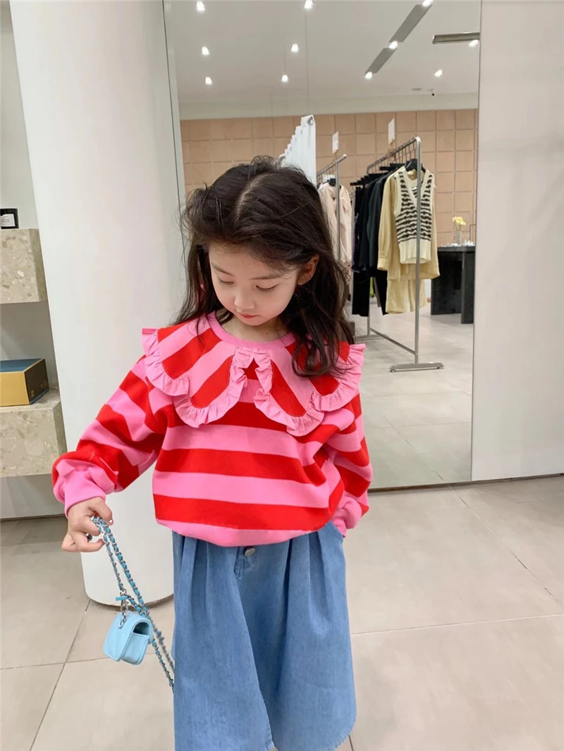 Hoodies Girls Autumn Turn Dowm Collar Tops New Children Stripe Hoodie Baby Two Pieces Simple Fashion Loose 2024