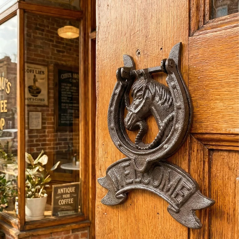 Vintage Cast Iron Door Ring Knocker Horse's Head Gate Round Ring Handle Entrence Door Knock Home Decor Animal Door Buckle