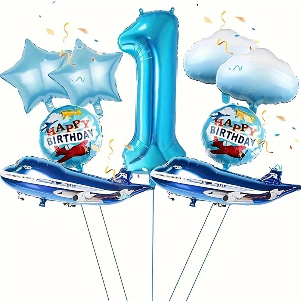 9pcs Airplane Balloon with 32 inch Blue digital 1-9 Number Foil Balloon Kids Pilot Theme Boys Aircraft Birthday Party Decoration - Image 3
